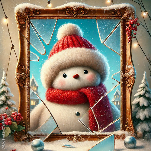 AI image of a cute, fluffy snowman with a tall red hat looking through a cracked mirror, with a playful winter vibe.