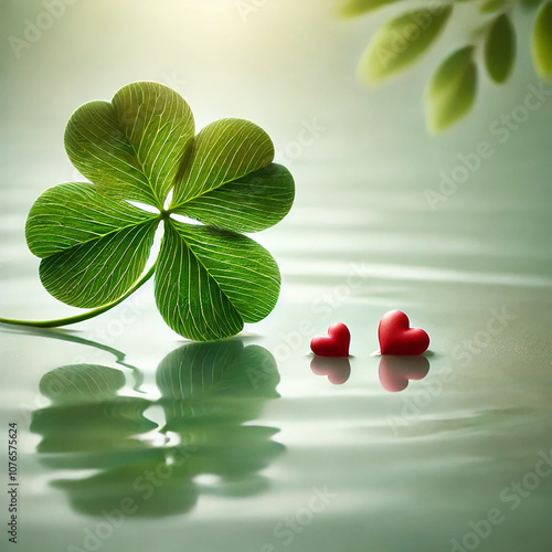 AI image  Green four-leaf clover with one or two small red hearts, set against a soft, reflective water background.