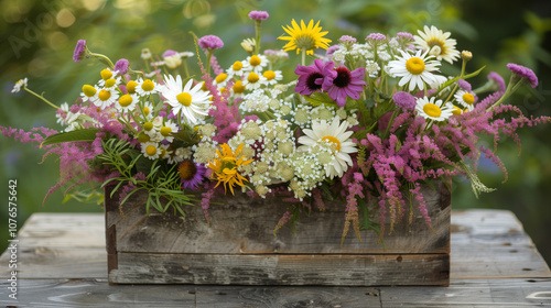 Wallpaper Mural Wildflower Bouquet with Daisies and Purple Accents in Wooden Box Torontodigital.ca