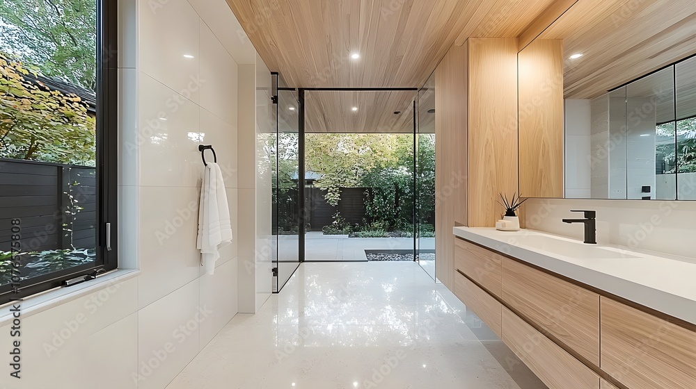 Minimalist bathroom with plain white tiles and a single hanging towel, neat and functional, 8K Minimalist bathroom with plain white tiles and a single hanging towel, neat and functional, 8K