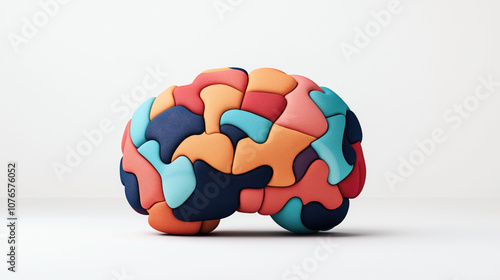 Colorful abstract brain sculpture composed of interlocking puzzle pieces with smooth surfaces on a neutral background photo