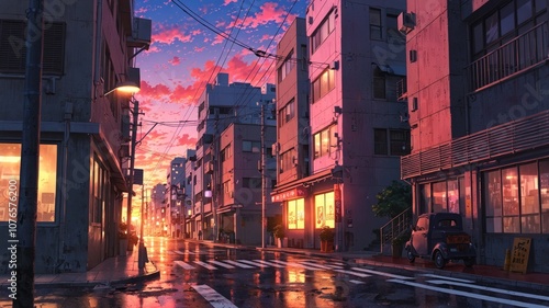 Serene Tokyo Street at Sunset in Anime Style