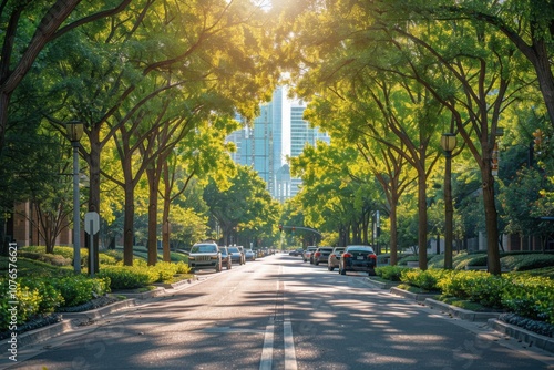 Vibrant Tree-Lined Street in City Promoting Green Initiatives photo