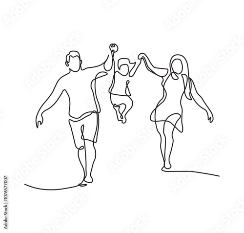 Happy family in line art drawing style. view of parents with their little kid holding hands and walking together black sketch isolated on white background. Vector illustration.