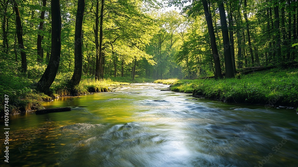 A peaceful forest with a clear river flowing gently, fish swimming in the water, surrounded by trees and lush greenery. Sunlight filtering through leaves creates dappled light on the water, highlighti A peaceful forest with a clear river flowing gently, fish swimming in the water, surrounded by trees and lush greenery. Sunlight filtering through leaves creates dappled light on the water, highlighti