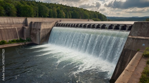 Hydroelectric Dam Releasing Water into River with Flowing Currents 