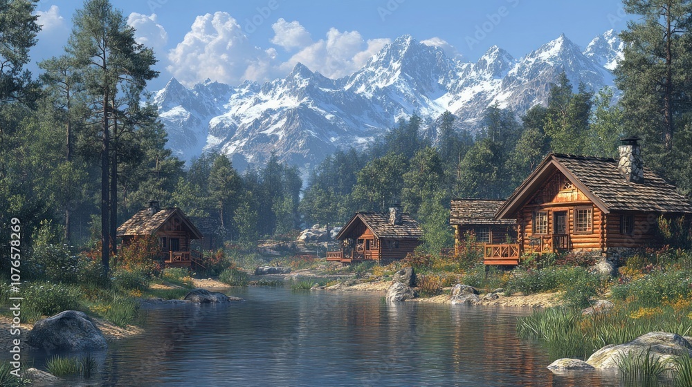 Scenic mountain landscape with rustic cabins by a serene river. Scenic mountain landscape with rustic cabins by a serene river.