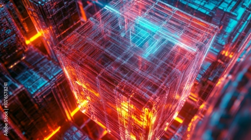 Abstract Digital Cube in Vibrant Neon Colors