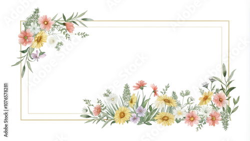 Watercolor floral frame. Hand painted flowers on white background. Vector illustration.