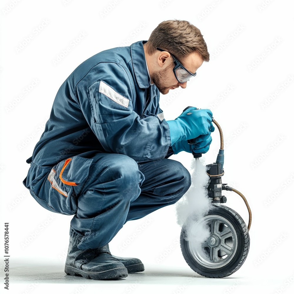 Obraz premium Man inflating tire with air compressor.