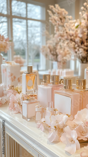 A lovely display of perfume bottles with soft pink flowers, creating a serene and elegant ambiance