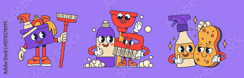 Cartoon Groovy Cleaning Supplies with Happy Expressions