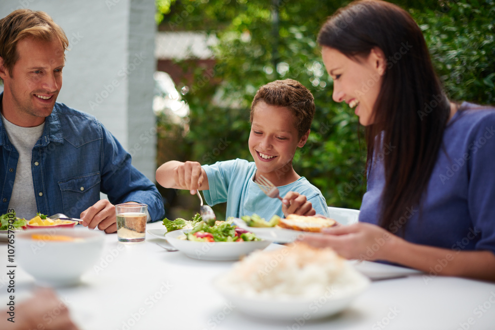 Happy family, holiday and thanksgiving dinner with kids, festive and food for celebration or vacation. Group, people and backyard with love at party, table and nutrition for gathering, event and home Happy family, holiday and thanksgiving dinner with kids, festive and food for celebration or vacation. Group, people and backyard with love at party, table and nutrition for gathering, event and home