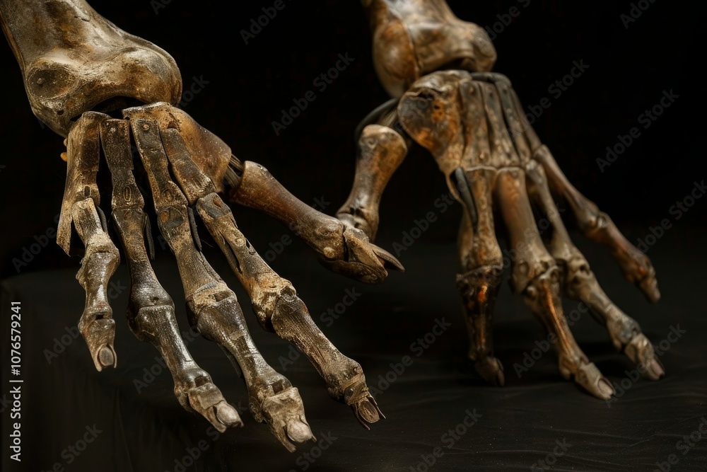 Fototapeta premium Skeleton of a giant sloth reaching out with its hands showing claws, on black background