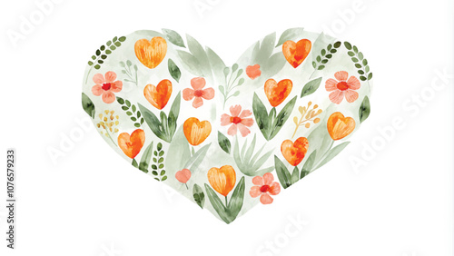 Watercolor heart with flowers and leaves isolated on a white background.