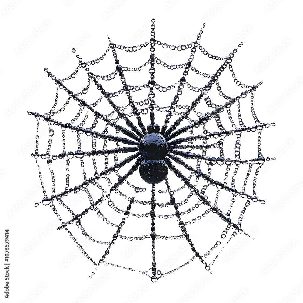 Fototapeta premium A Spider Sitting in the Center of a Dew-Covered Spider Web with Isolated Transparent Background