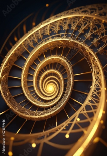 Abstract golden spiral with intricate details and glowing bokeh photo