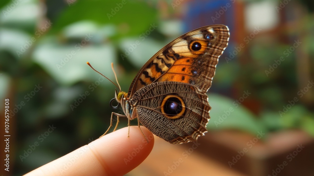 Butterfly sitting on child finger with joyful, innocent expression, evoking wonder and nature magic Butterfly sitting on child finger with joyful, innocent expression, evoking wonder and nature magic