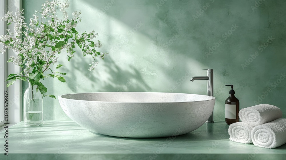 Serene Modern Bathroom with Elegant Vessel Sink and Fresh Florals Serene Modern Bathroom with Elegant Vessel Sink and Fresh Florals