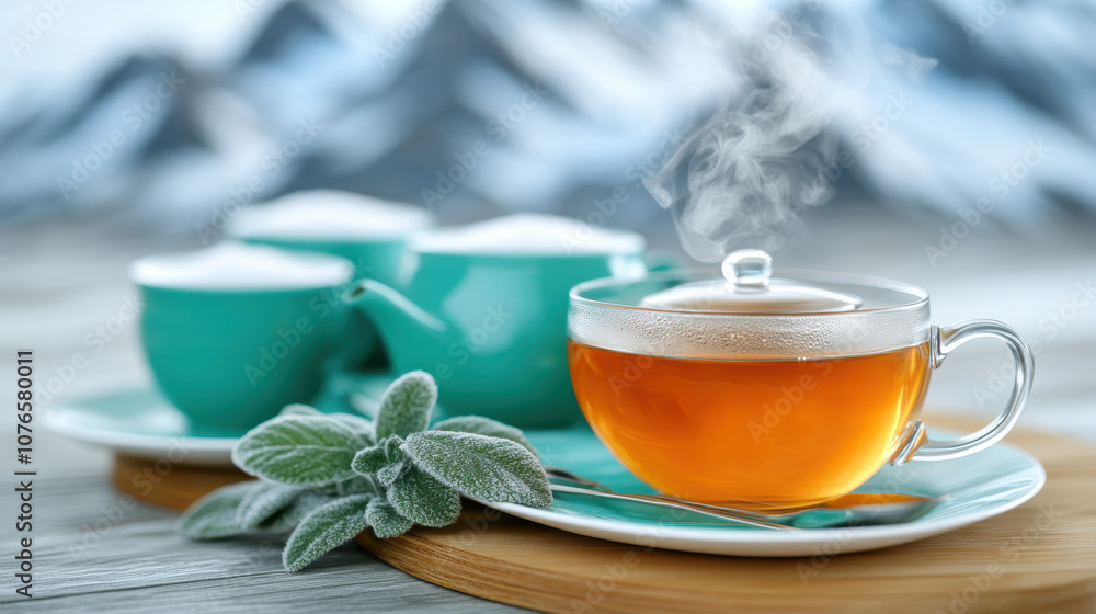 A steaming cup of tea sits beside teal teapots, with frosty leaves, against a blurred mountain backdrop, evoking warmth and tranquility. A steaming cup of tea sits beside teal teapots, with frosty leaves, against a blurred mountain backdrop, evoking warmth and tranquility.