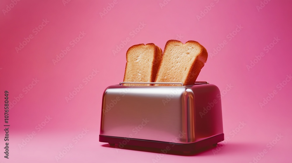 Two slices of toast in a silver toaster. Two slices of toast in a silver toaster.