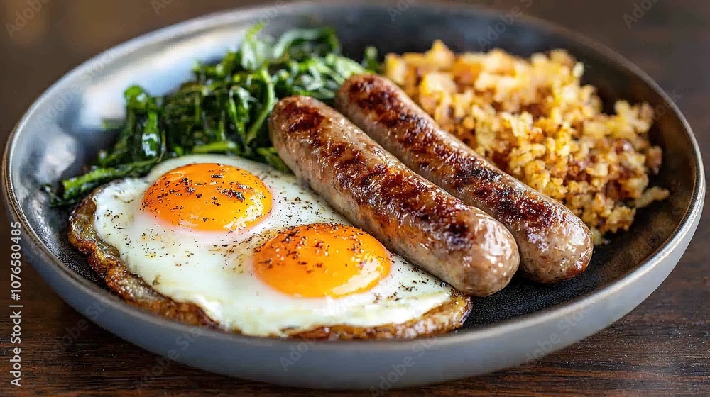 Fried eggs with crispy sausages Fried eggs with crispy sausages