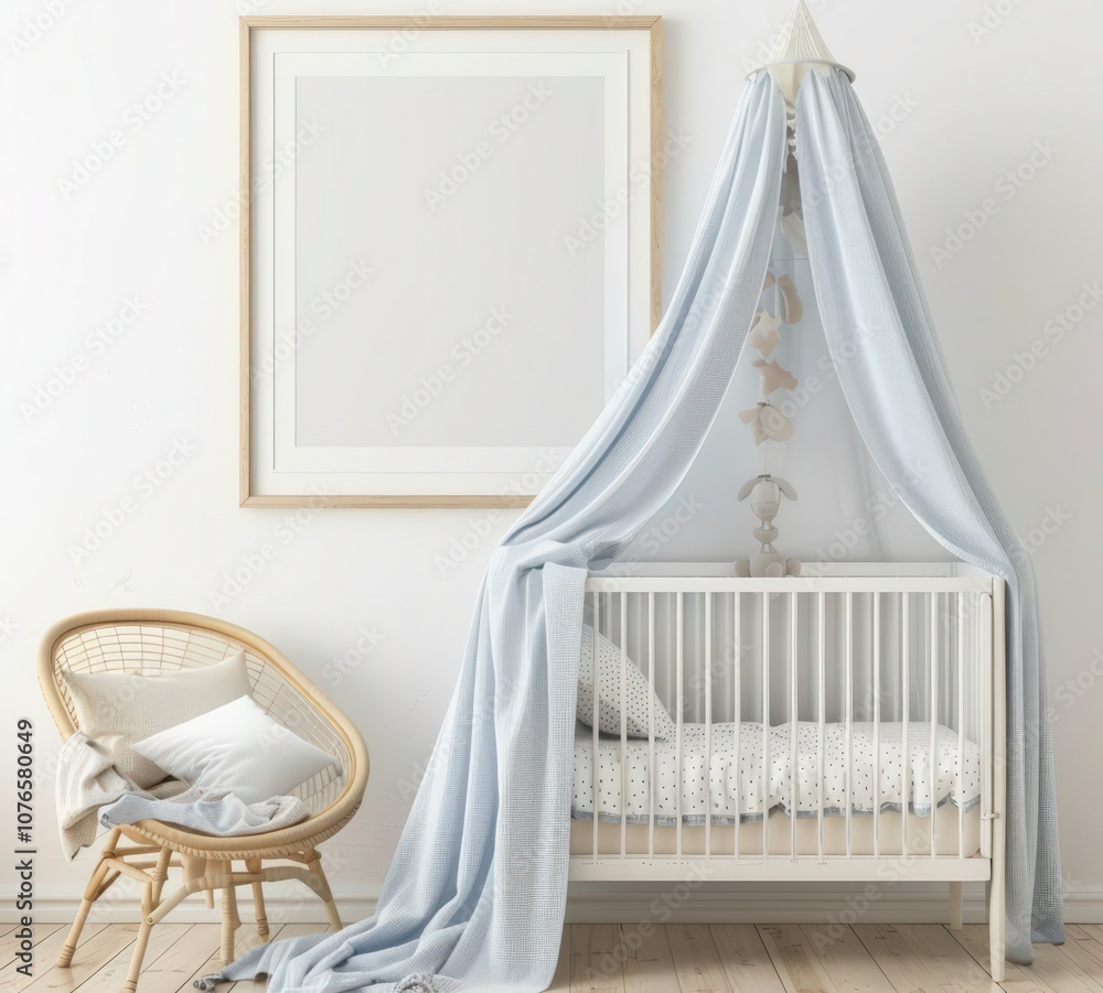 A white crib with a canopy and a wicker chair with pillows in a minimalist nursery A white crib with a canopy and a wicker chair with pillows in a minimalist nursery