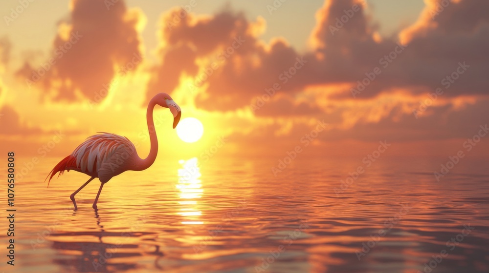 Fototapeta premium A flamingo walking along the shoreline at sunset with glowing skies