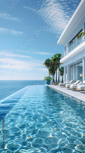 Sea view. Luxury modern white beach hotel with swimming pool. Sunbed on sundeck for vacation home or hotel