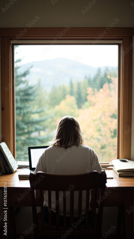Person works on laptop while enjoying nature view Person works on laptop while enjoying nature view