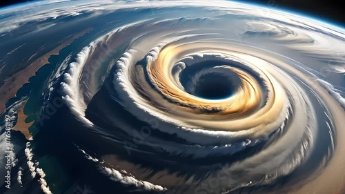 anticyclone over the planet, vortices in the sky, thick clouds, ecological, typhoon, tornado, natural disasters, weather season, earth in space, storm	
