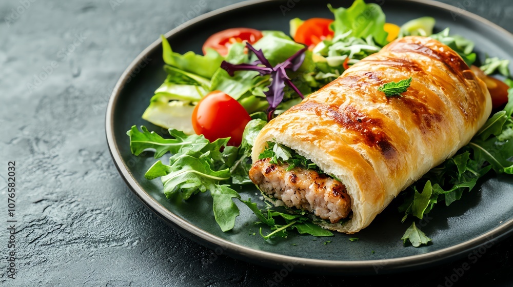 A golden puff pastry with a side salad on a black plate. A golden puff pastry with a side salad on a black plate.