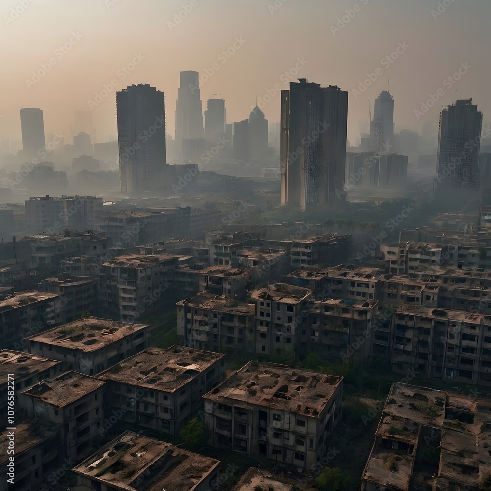 Fototapeta premium An smog covered city showing the effects of pollution and global warming in the future