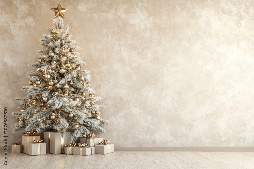 Beige wall with a Christmas tree christmas elegant gifts.