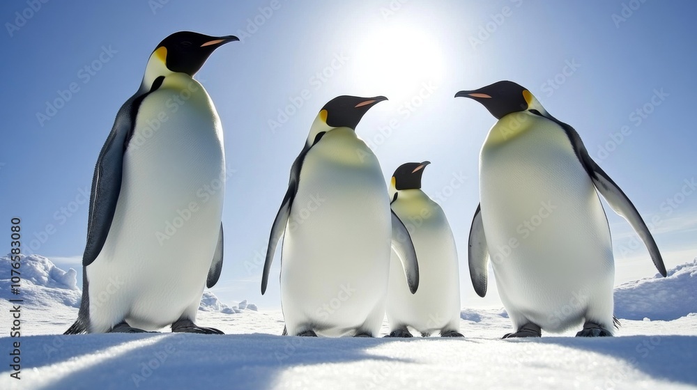 Fototapeta premium A group of penguins waddling across the snow under a clear sky