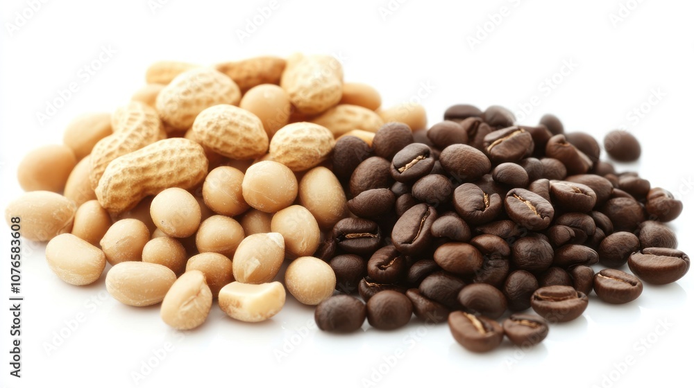 A close-up of peanuts and coffee beans, showcasing their textures and colors. A close-up of peanuts and coffee beans, showcasing their textures and colors.