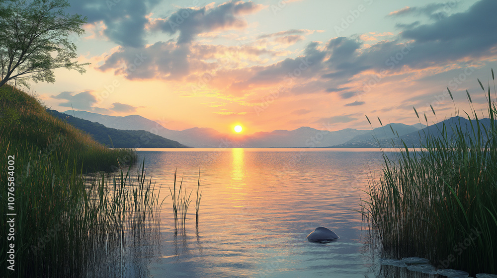 Obraz premium Sunset over a calm lake surrounded by tall grasses and distant mountains