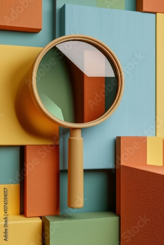 Flatview of a 3D rendering of a magnifying glass with a colored wooden blocks background photo