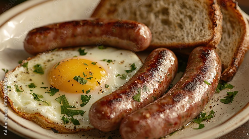 Close-up of a plate with perfectly fried eggs and juicy sausages Close-up of a plate with perfectly fried eggs and juicy sausages