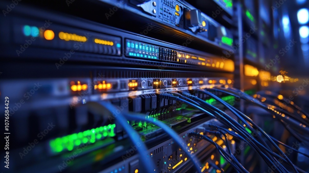 A close-up view of server racks with illuminated lights and network cables. A close-up view of server racks with illuminated lights and network cables.