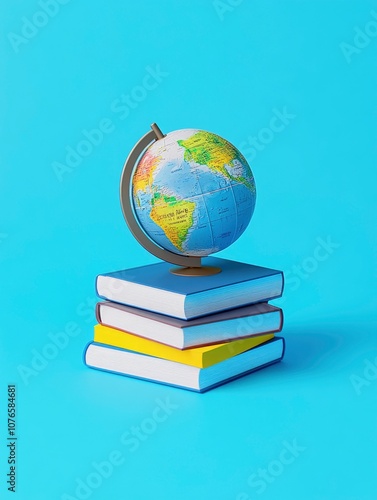 3D icon of a globe on top of a stack of books, against a blue background, in an isometric view, hyper-realistic, with generative ai