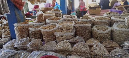 salted fish seller in a traditional market in an area in Indonesia