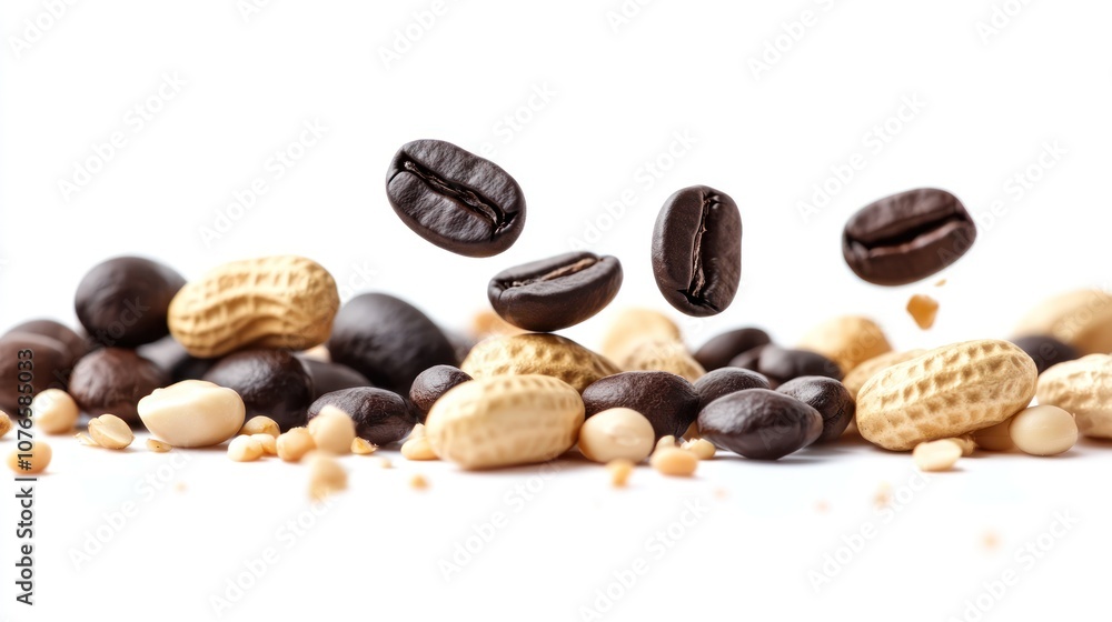 A mix of coffee beans and peanuts scattered on a white background. A mix of coffee beans and peanuts scattered on a white background.