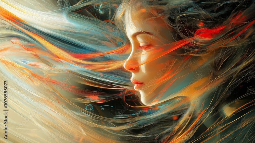 Obraz premium Abstract Woman with Orange Hair and Flowing Fabric
