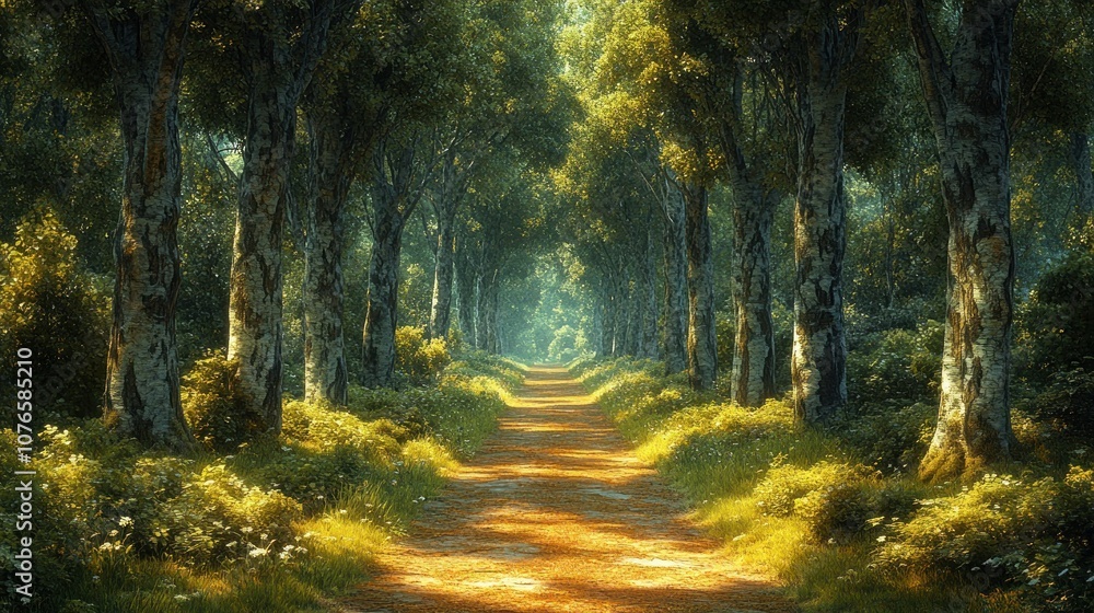 Obraz premium A serene forest path illuminated by soft sunlight.
