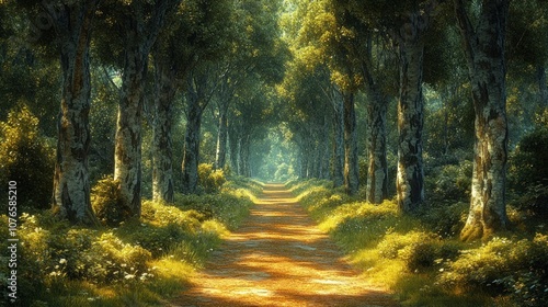 A serene forest path illuminated by soft sunlight.