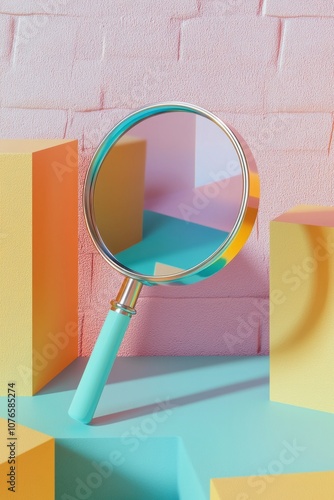 Flatview of a 3D rendering of a magnifying glass with a colored wooden blocks background photo