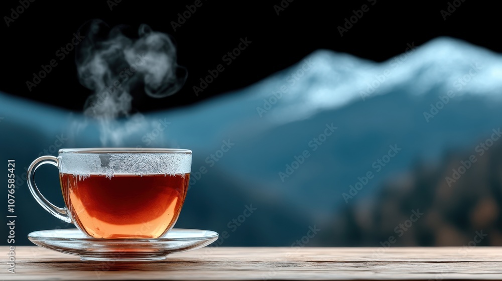 A steaming cup of tea sits on a wooden surface, with snow-capped mountains in the background, evoking a serene and cozy atmosphere. A steaming cup of tea sits on a wooden surface, with snow-capped mountains in the background, evoking a serene and cozy atmosphere.