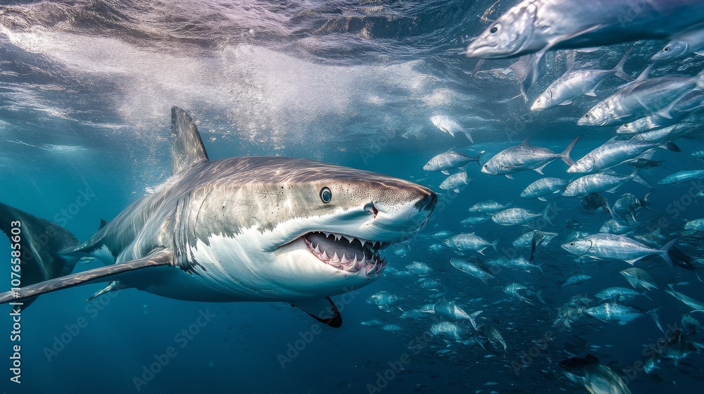 Fototapeta premium A shark hunting in the open ocean, surrounded by schools of fish