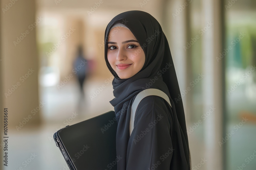 Young Muslim Woman in Black Hijab Holding Laptop Young Muslim Woman in Black Hijab Holding Laptop